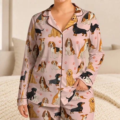 Cute Dog Portraits Blush Pink Bedtime Comfort for Women, Pet Lover Gift, All Seasons Satin Pajamas Set