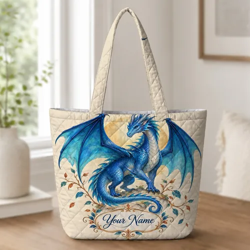 Blue Fantasy Dragon with Teal Wings for Magical Everyday Adventures Quilted Tote Bag