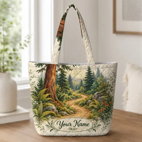 Woodland Forest Trail Scene for Cottagecore Home and Nature Lovers Quilted Tote Bag