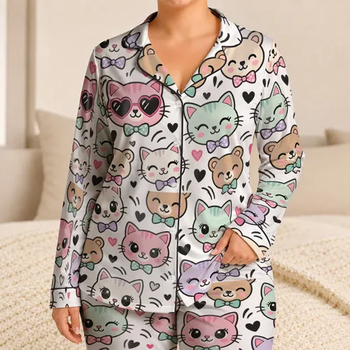 Cute Cat And Bear Faces For Cozy Lounging And Bedtime Comfort For Animal Lover Gifts Satin Pajamas Set