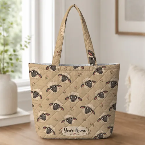 Charcoal Sheep Faces for Cozy Farmhouse Laundry Days and Cottagecore Country Living Quilted Tote Bag