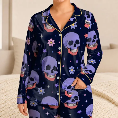 Cartoon Lavender Coral Skull Stars And Daisies Midnight Navy Cozy Lounge Gift For Women Satin Pajamas Set