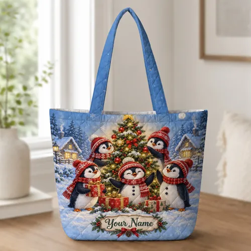 Penguin Snowmen and Christmas Tree for Festive Winter Holiday Cheer for Penguin Lovers Quilted Tote Bag