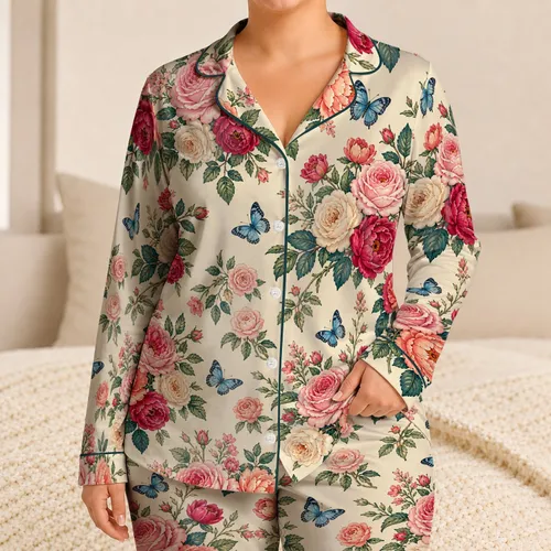 Botanical Roses And Blue Butterflies For Spring Summer Home Lounge Comfort, Women Satin Pajamas Set