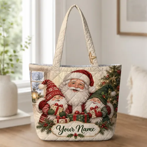 Santa Claus And Christmas Gnomes For Festive Holiday Giving And Cozy Winter Cheer Quilted Tote Bag