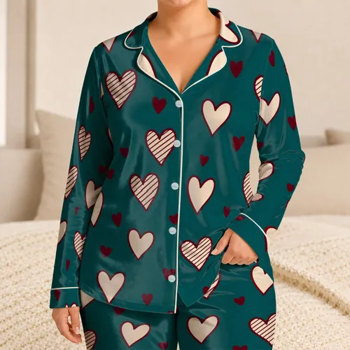 Burgundy Ivory Heart Motif Teal Loungewear For Cozy Evenings And Weekend Relaxation Satin Pajamas Set