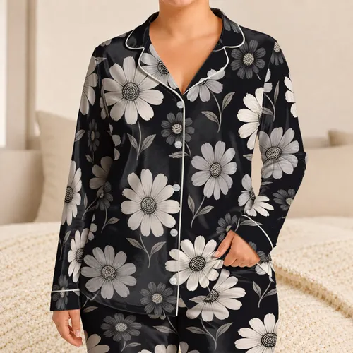 Monochrome Wild Daisy Botanical Motif For Cozy Lounging At Home And Flower Lovers Satin Pajamas Set