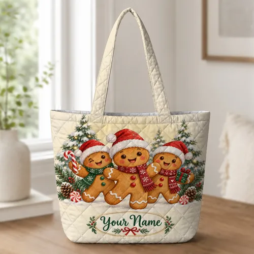 Smiling Gingerbread Trio in Santa Hats for Christmas Baking and Holiday Cheer Quilted Tote Bag