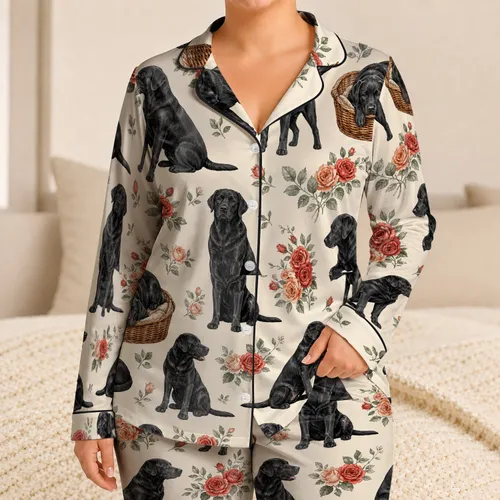Black Labrador Dogs With Roses And Wicker Baskets For Cozy Home Lounging Pet Gifts Satin Pajamas Set