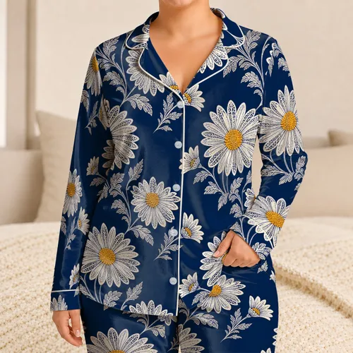 White Daisy Lace Floral Motif for Spring Summer Beach Vacation Travel Style for Women Satin Pajamas Set
