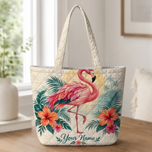 Pink Flamingo and Tropical Hibiscus for Summer Beach Days and Flamingo Lover Gifts Quilted Tote Bag