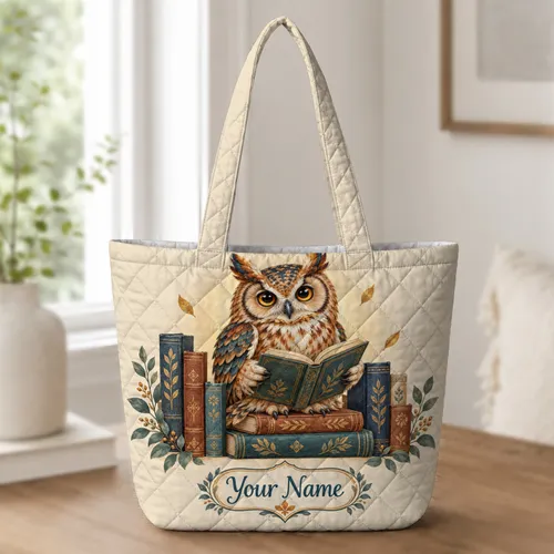 Owl Reading Among Vintage Books for Library Days and Book Club Gifts for Avid Readers Quilted Tote Bag