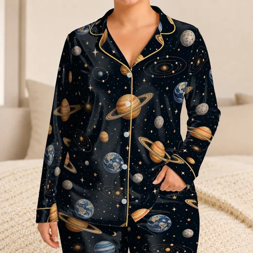 Celestial Planets and Moons for Cozy Bedtime Lounging, Stargazing Gifts for Astronomy Fans Satin Pajamas Set