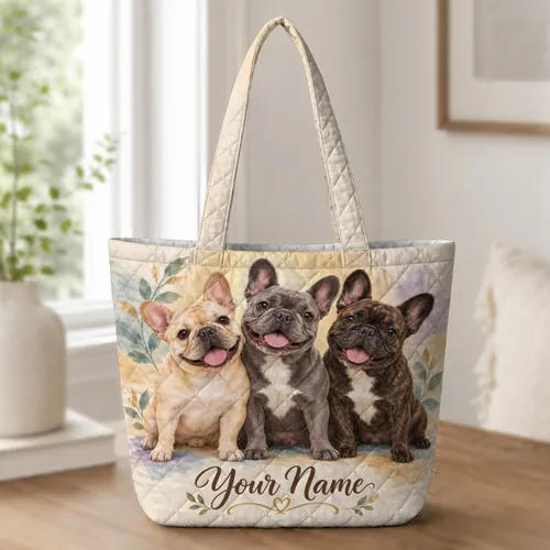 French Bulldog Trio Portrait for Dog Mom Gifts and Everyday Companion Style Wear Quilted Tote Bag