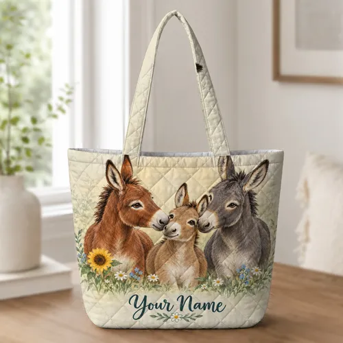 Three Donkeys Among Wildflowers for Farm Days, Country Walks, and Her Birthday Quilted Tote Bag