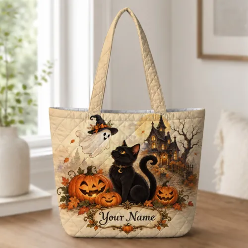 Black Cat, Ghost, Haunted House and Pumpkin Halloween Fall Gift for Cat Lovers This Autumn Quilted Tote Bag