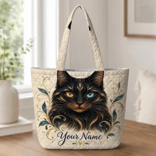 Black Cat Portrait With Amber And Blue Eyes For Cat Lover Gifts And Everyday Style Quilted Tote Bag