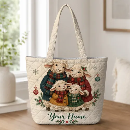 Christmas Sheep Family and Winter Lambs for Cozy Holiday Farmhouse Style Quilted Tote Bag