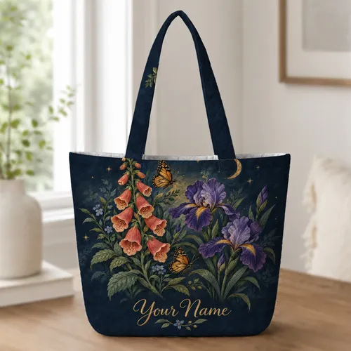 Midnight Iris Foxglove And Butterfly Garden For Evening Strolls And Nature Lovers Quilted Tote Bag