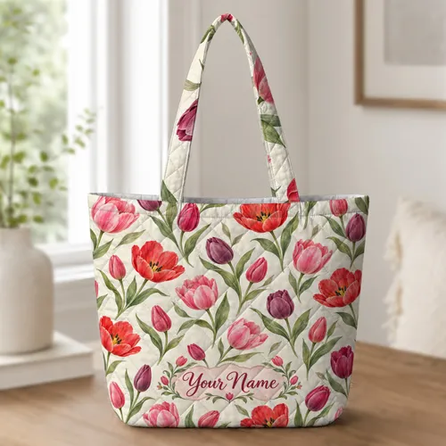 Colorful Tulip Garden Blooms for Springtime Outings and Thoughtful Gifts for Her Quilted Tote Bag