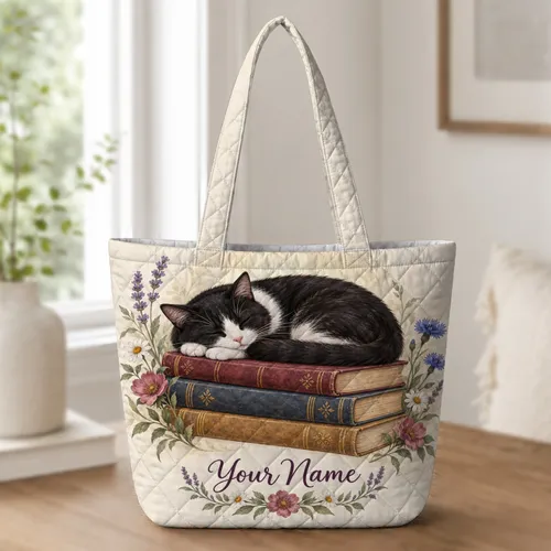 Sleeping Cat on Vintage Books with Meadow Flowers for Cozy Reading Days Quilted Tote Bag
