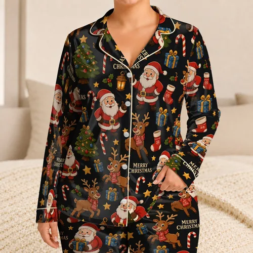 Santa Christmas Trees Gifts and Reindeer for Cozy Festive Holiday Lounging Women at Home Satin Pajamas Set