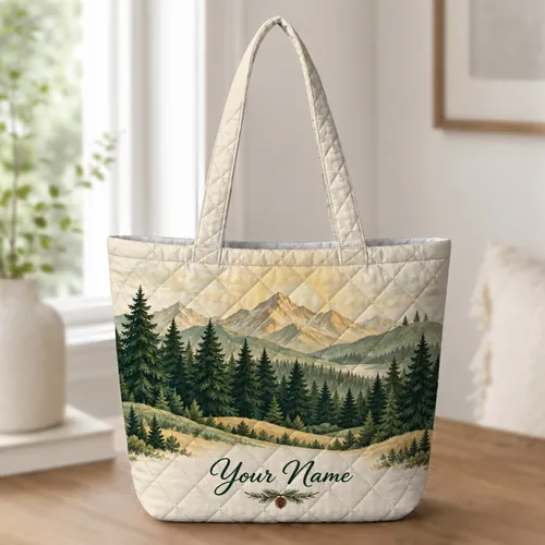 Layered Evergreen Forest Mountains for Nature Lovers, Woodland Walks, and Moms Gift Quilted Tote Bag