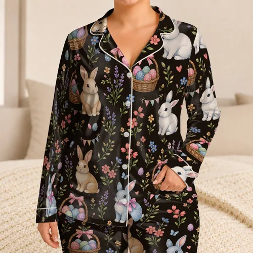 Easter Bunny Garden Rabbit Baskets for Cozy Spring Lounging and Holiday Family Gifting Satin Pajamas Set