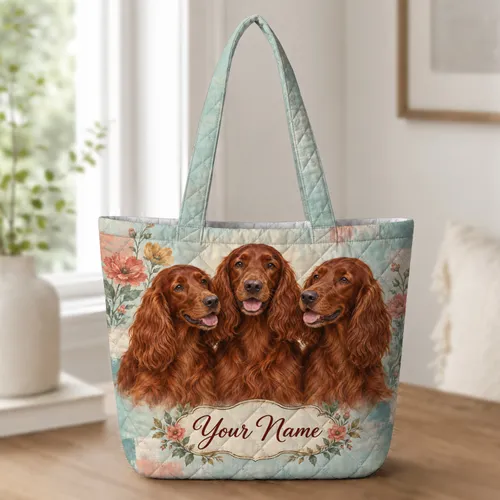 Three Irish Red Setters with Garden Flowers for Dog Lover Gifts and Everyday Style Quilted Tote Bag