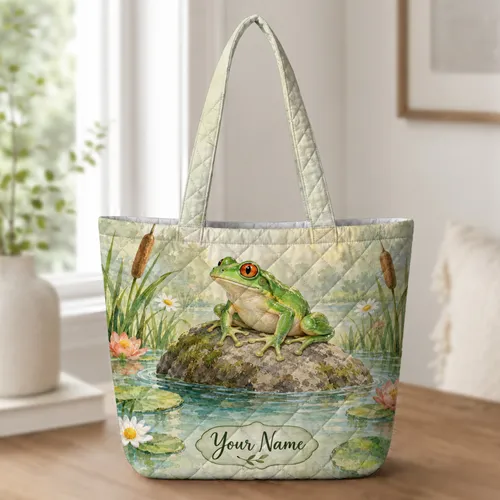 Green Tree Frog by a Lily Pond for Garden Days and Nature-Loving Frog Lover Gifts Quilted Tote Bag