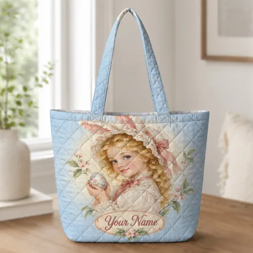 Victorian Blonde Girl Bunny Ears Portrait for Easter Celebrations and Springtime Gifting Quilted Tote Bag