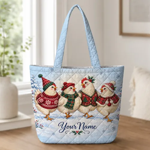 Festive Christmas Hens in Santa Hats for Winter Farm Holiday Cheer Quilted Tote Bag