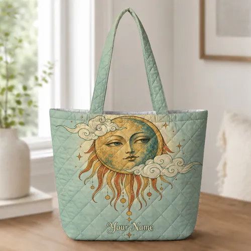 Art Nouveau Celestial Moon And Dripping Sun For Bohemian Stargazers And Night Dreamers Quilted Tote Bag