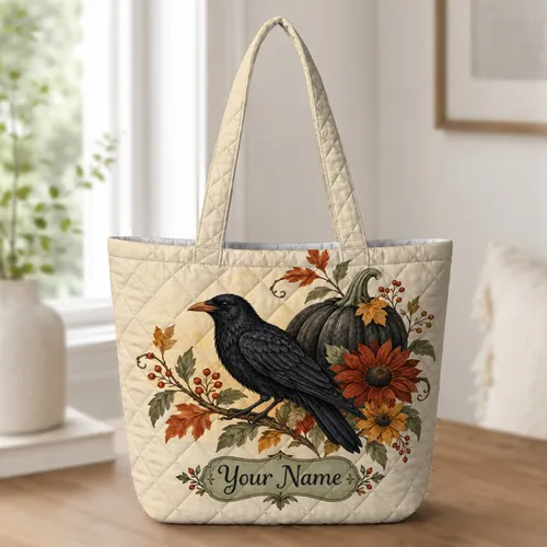 Crow And Pumpkin Autumn Botanicals For Halloween Gifting And Fall Outings Quilted Tote Bag
