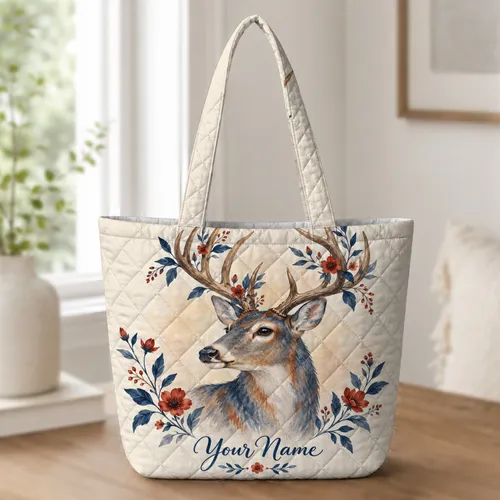 Botanical Deer with Red White Blue Antlers for Nature Lovers and Woodland Outings Quilted Tote Bag