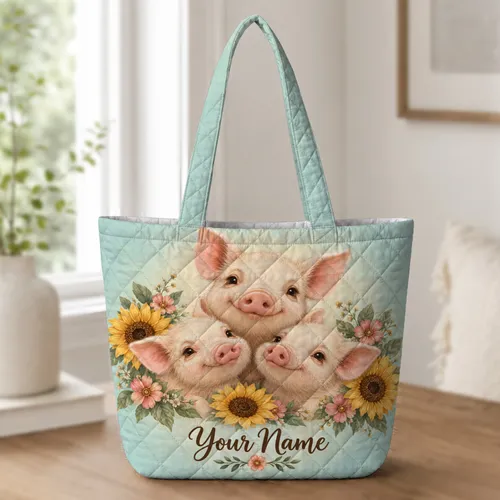 Three Sunflower Piglets for Farmhouse Living and Everyday Gifts for Pig Lovers Women Quilted Tote Bag