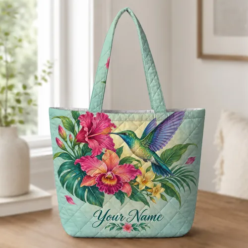 Hummingbird Among Tropical Orchids for Summer Garden Lovers and Nature Enthusiasts Quilted Tote Bag