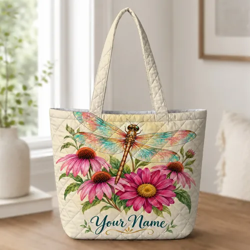 Colorful Dragonfly and Flowers for Nature Lovers and Spring Gift Giving Quilted Tote Bag