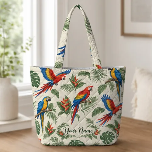 Vibrant Macaw Parrots for Tropical Summer Holiday Travel and Nature-Loving Women Quilted Tote Bag