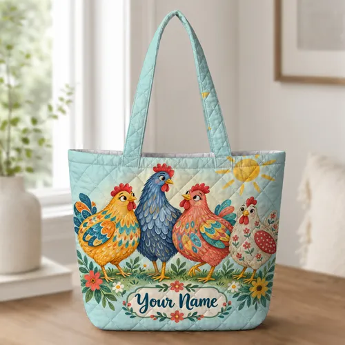Colorful Patchwork Hens for Sunny Garden Days and Cheerful Summer Gifting Joy for Her Quilted Tote Bag