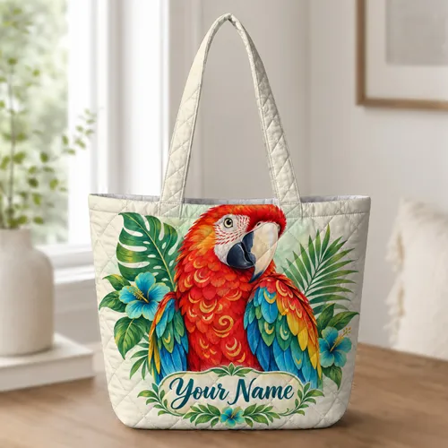 Colorful Tropical Parrot and Botanical Leaves for Summer Nature Lovers and Birdwatchers Quilted Tote Bag