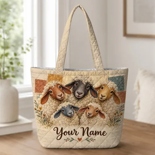 Funky Sheep and Farmhouse Florals for Cozy Country Days and Sheep Lovers Quilted Tote Bag