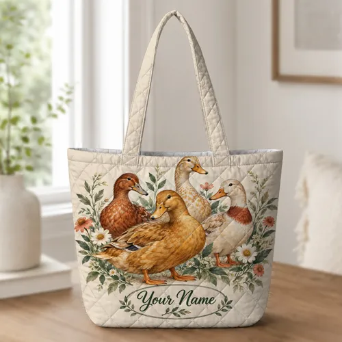 Colorful Garden Ducks for Cottagecore Outings and Thoughtful Gifts for Duck Lovers Quilted Tote Bag