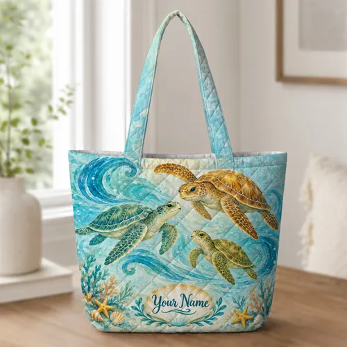 Three Sea Turtles Swimming Through Turquoise Waves for Coastal Beach Lovers Quilted Tote Bag