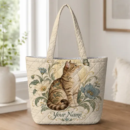 Art Nouveau Cat With Colorful Flowers for Cozy Everyday Style Gifts for Cat Lovers Quilted Tote Bag