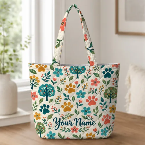 Colorful Paw Prints and Folk Florals for Dog Lovers, Cheerful Everyday Gift for Her Quilted Tote Bag