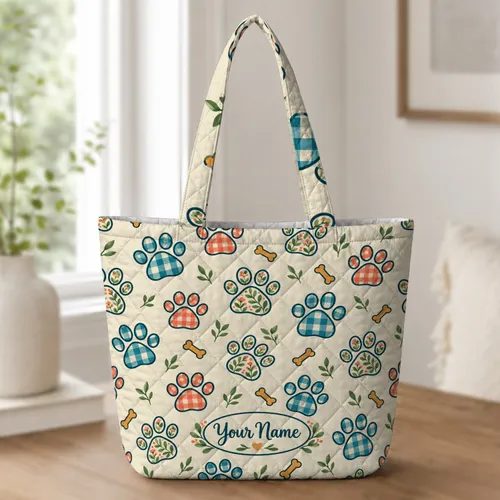 Colorful Paw Prints and Botanical Leaves for Pet Lovers, Everyday Dog Mom Lifestyle Quilted Tote Bag