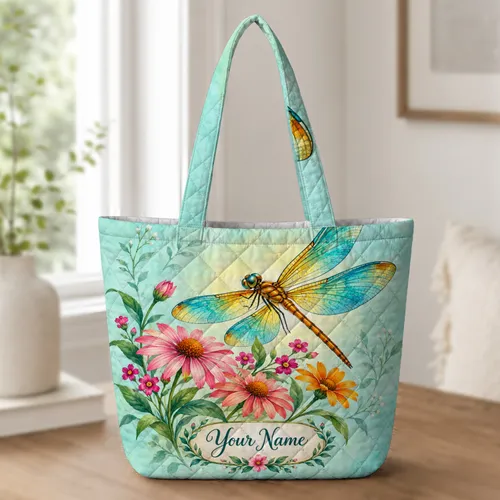 Colorful Dragonfly Wildflower Garden for Spring Gifting and Nature Lovers Gift Quilted Tote Bag