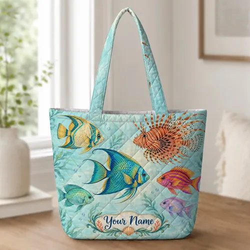 Colorful Tropical Fish Ocean Scene for Coastal Summer Getaways and Seaside Lovers Quilted Tote Bag