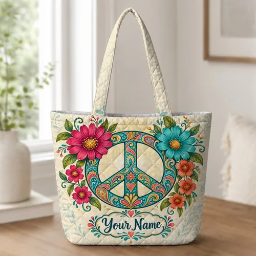Floral Peace Sign With Boho Blooms For Festival Days And Everyday Free Spirits Quilted Tote Bag